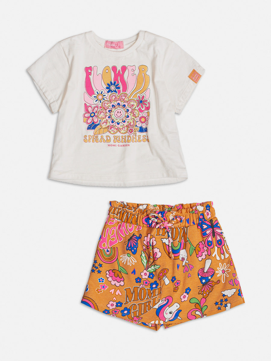 Conjunto Infantil Momi Verão Com Shorts Saia e Blusa Flowers