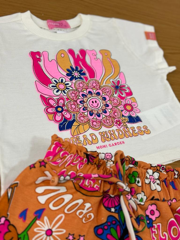 Conjunto Infantil Momi Verão Com Shorts Saia e Blusa Flowers