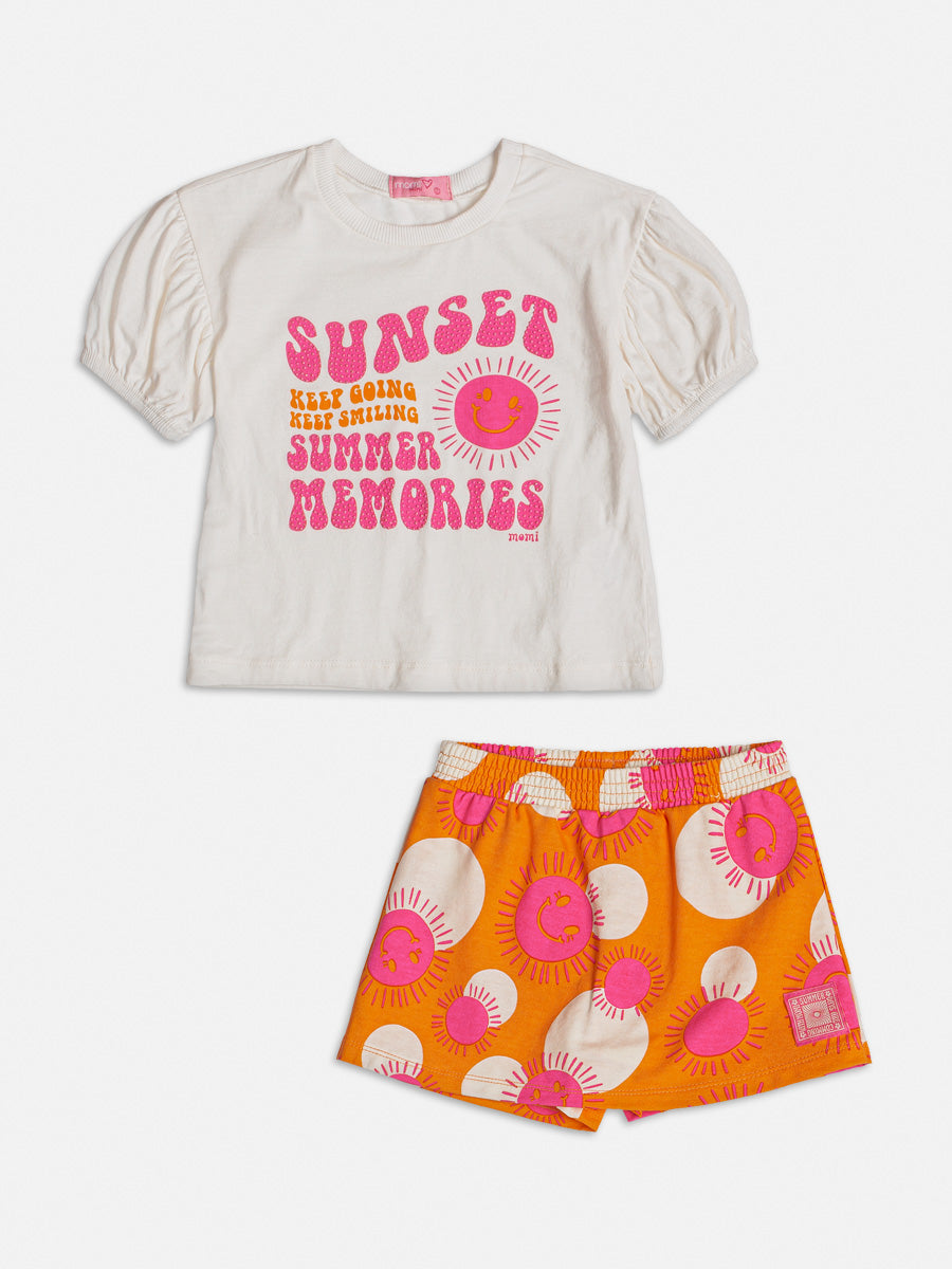 Conjunto Infantil Momi Verão Com Shorts Saia e Blusa Branca Dia Feliz