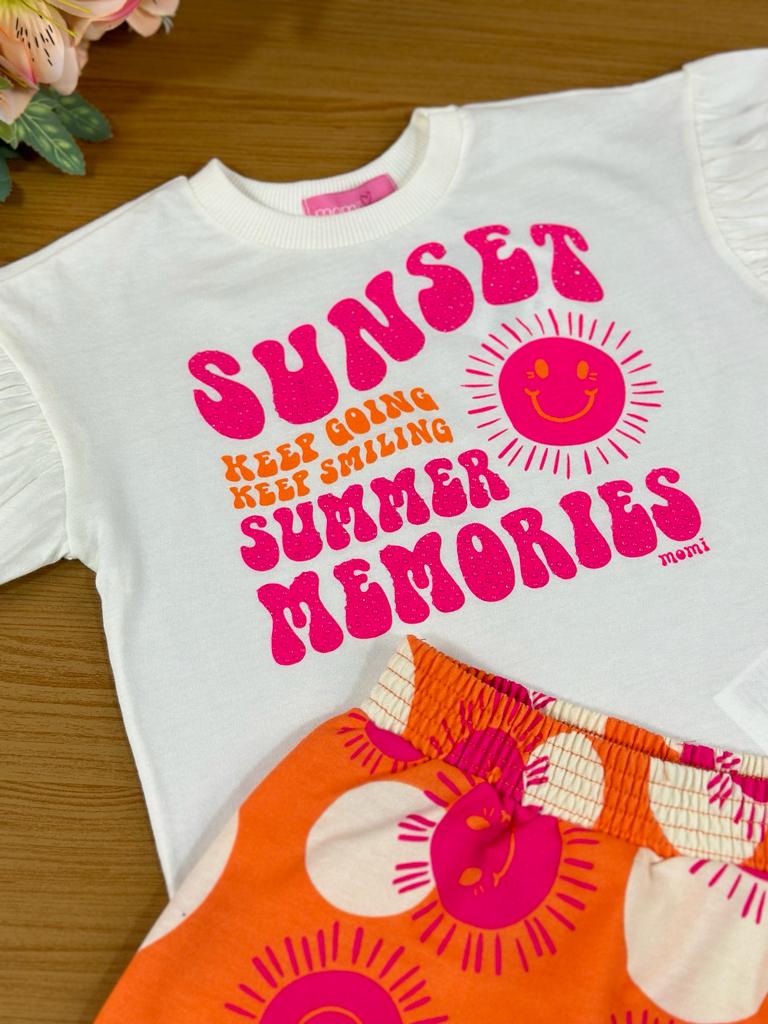 Conjunto Infantil Momi Verão Com Shorts Saia e Blusa Branca Dia Feliz