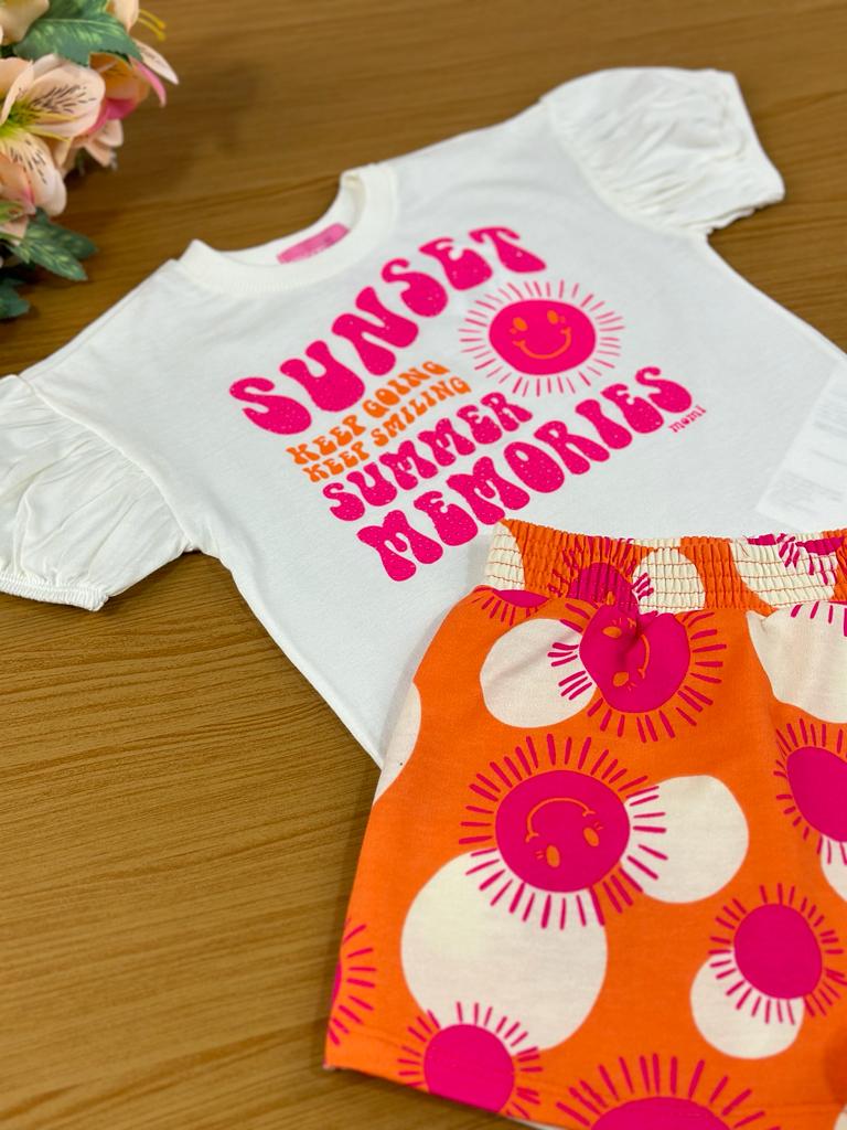 Conjunto Infantil Momi Verão Com Shorts Saia e Blusa Branca Dia Feliz