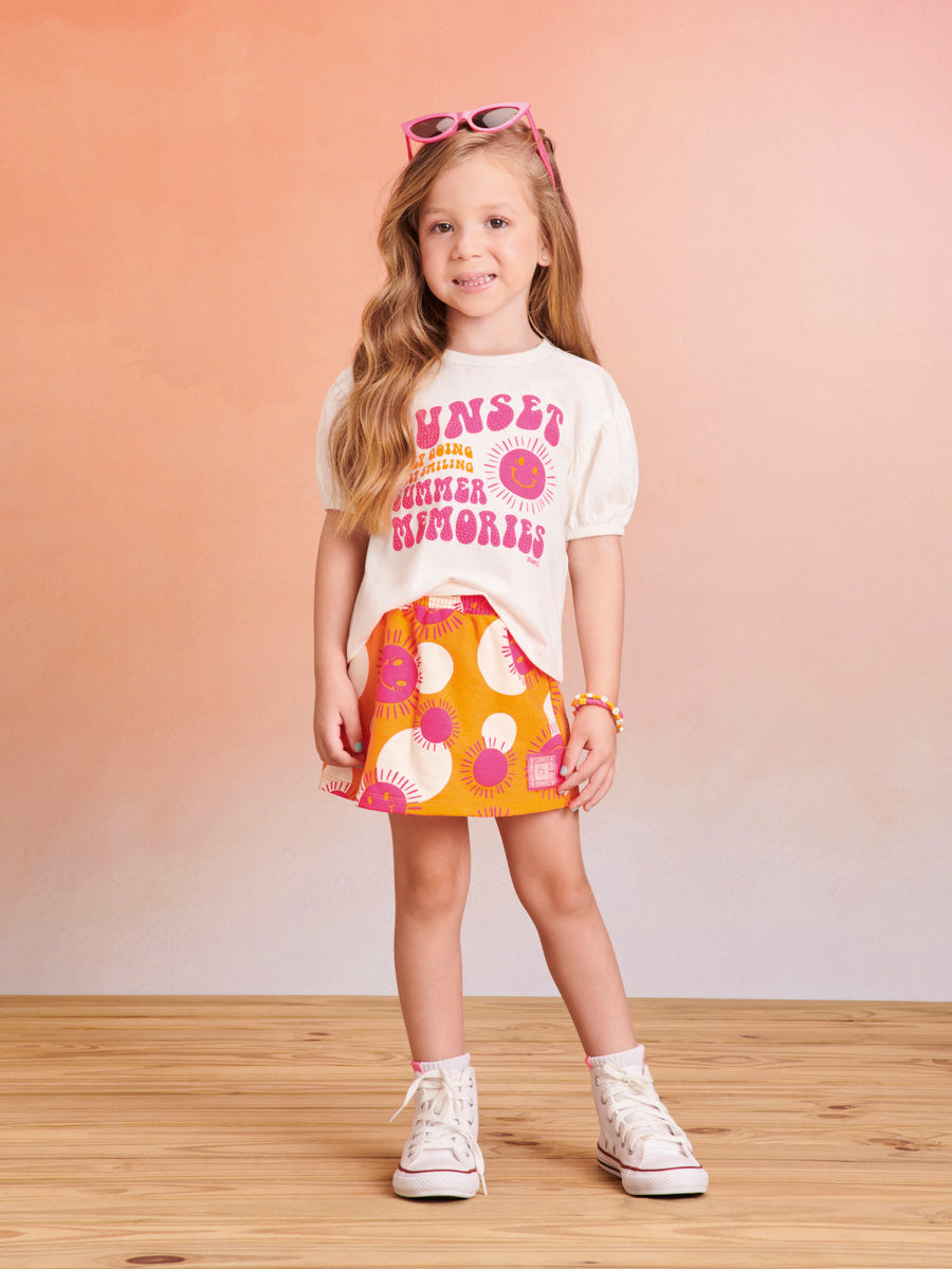 Conjunto Infantil Momi Verão Com Shorts Saia e Blusa Branca Dia Feliz