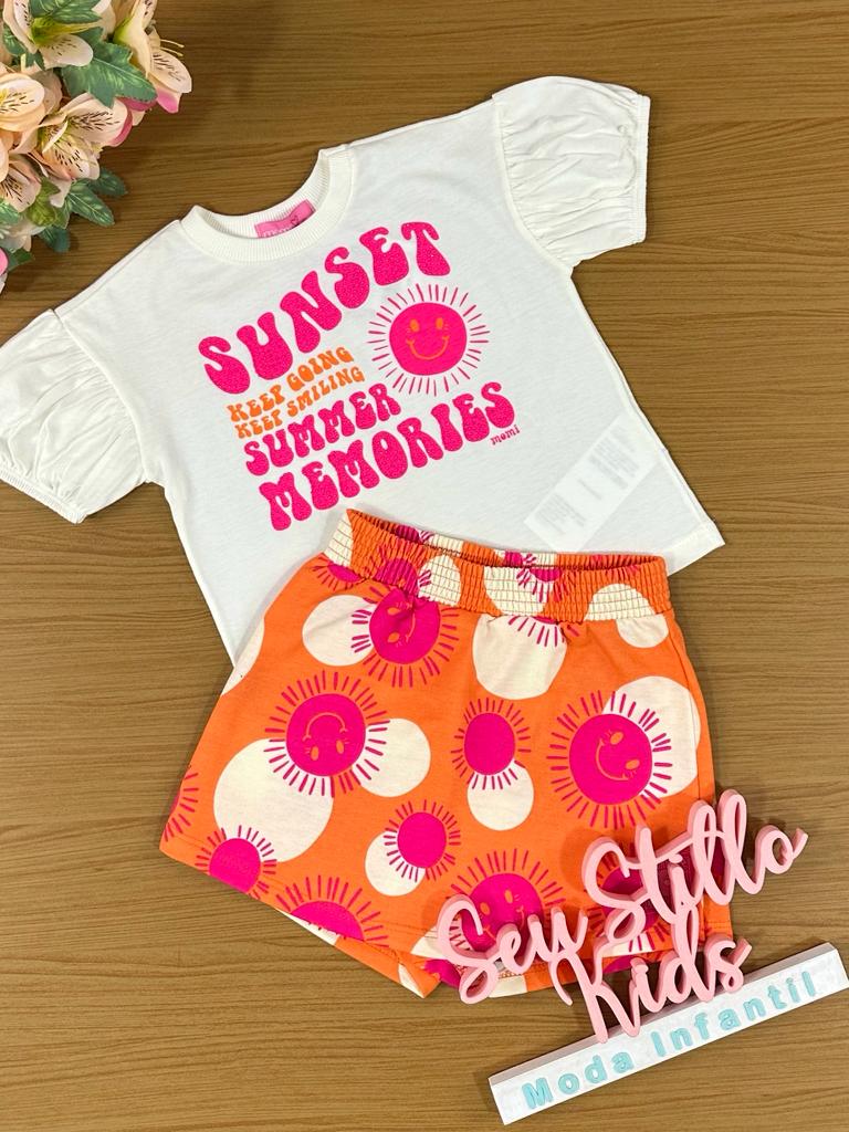 Conjunto Infantil Momi Verão Com Shorts Saia e Blusa Branca Dia Feliz