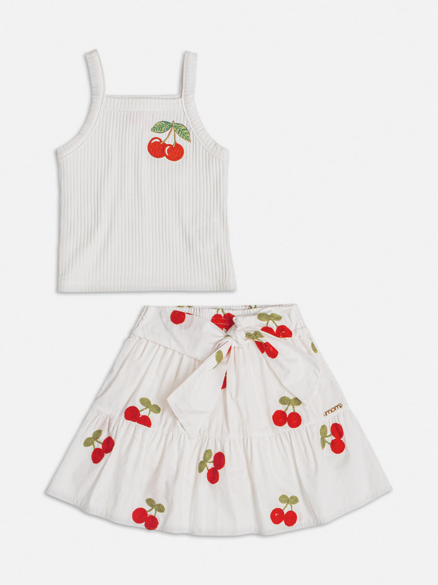 Conjunto Infantil Momi Verão Com Saia e Blusa Branca Cerejinha