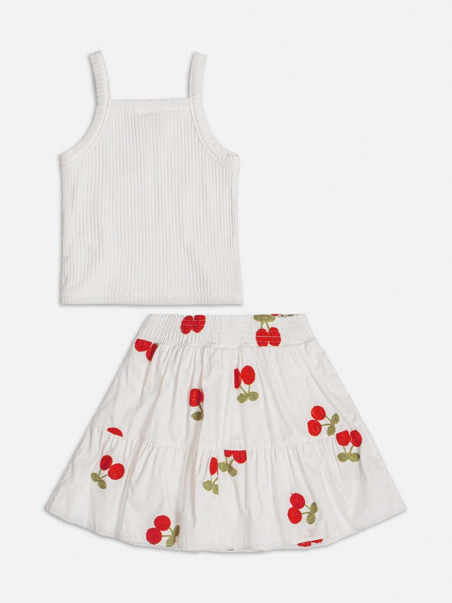 Conjunto Infantil Momi Verão Com Saia e Blusa Branca Cerejinha