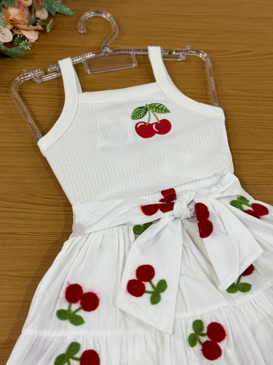 Conjunto Infantil Momi Verão Com Saia e Blusa Branca Cerejinha