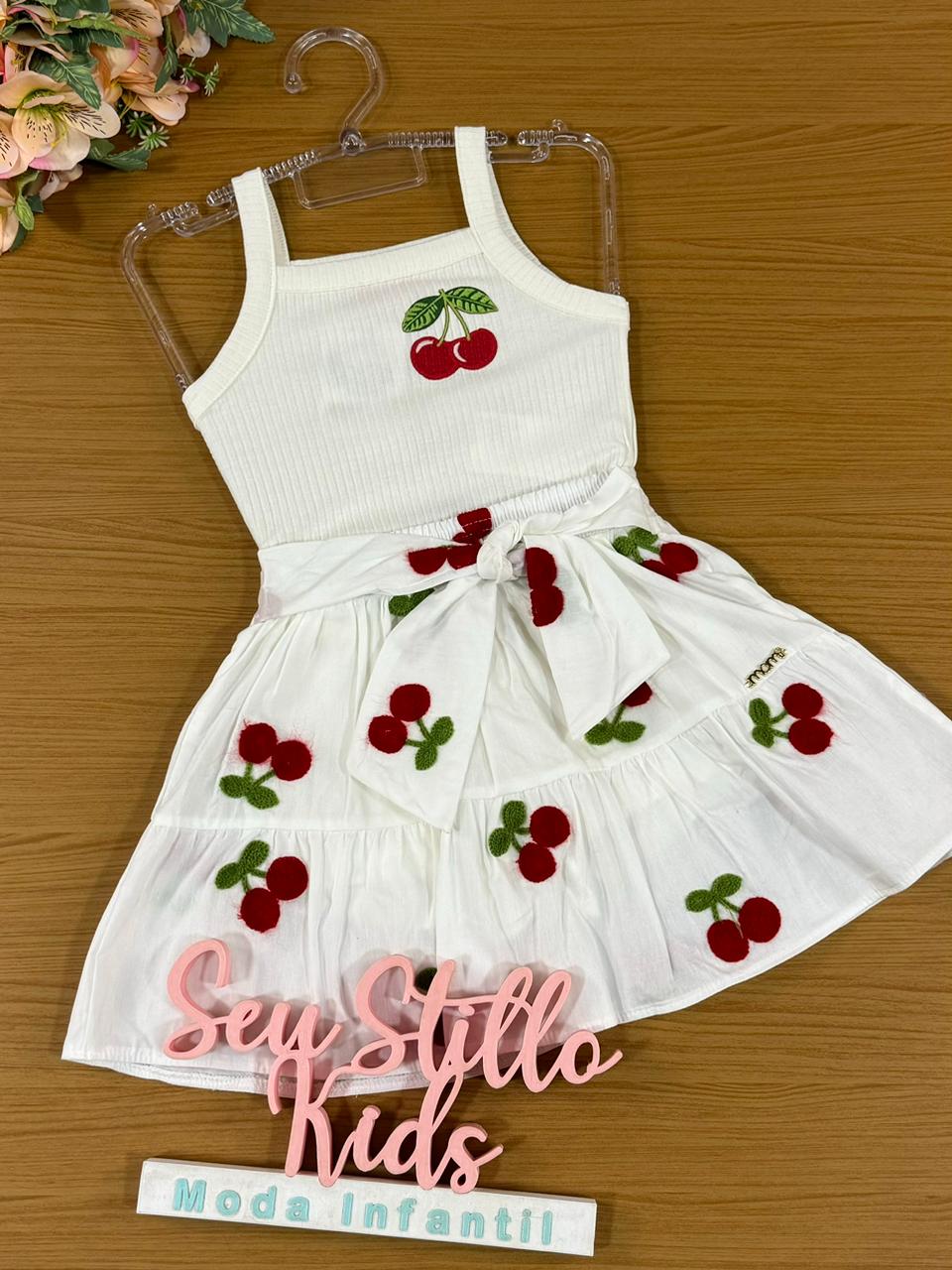Conjunto Infantil Momi Verão Com Saia e Blusa Branca Cerejinha