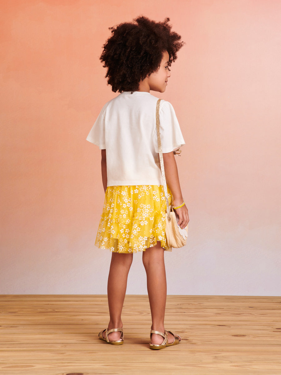 Conjunto Infantil Momi Verão Com Saia e Blusa Branca Flores Margarida