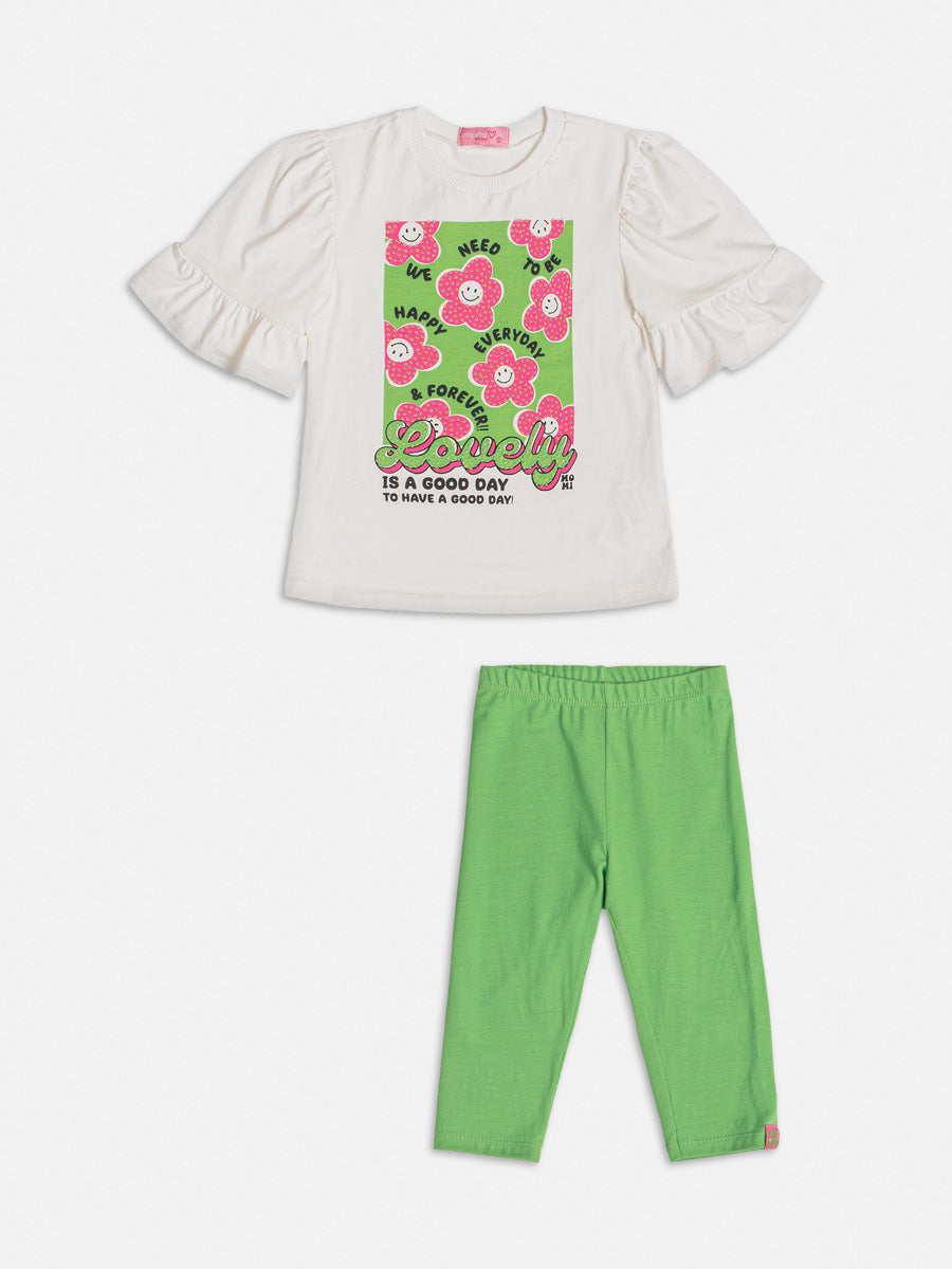Conjunto Infantil Momi Verão Com Calça e Blusa Branca Flores