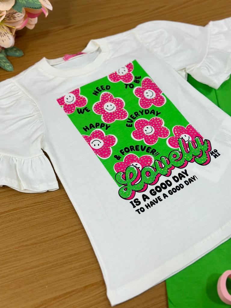 Conjunto Infantil Momi Verão Com Calça e Blusa Branca Flores