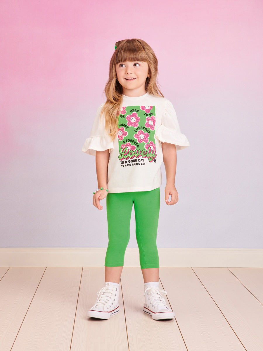 Conjunto Infantil Momi Verão Com Calça e Blusa Branca Flores