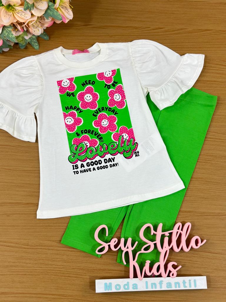 Conjunto Infantil Momi Verão Com Calça e Blusa Branca Flores