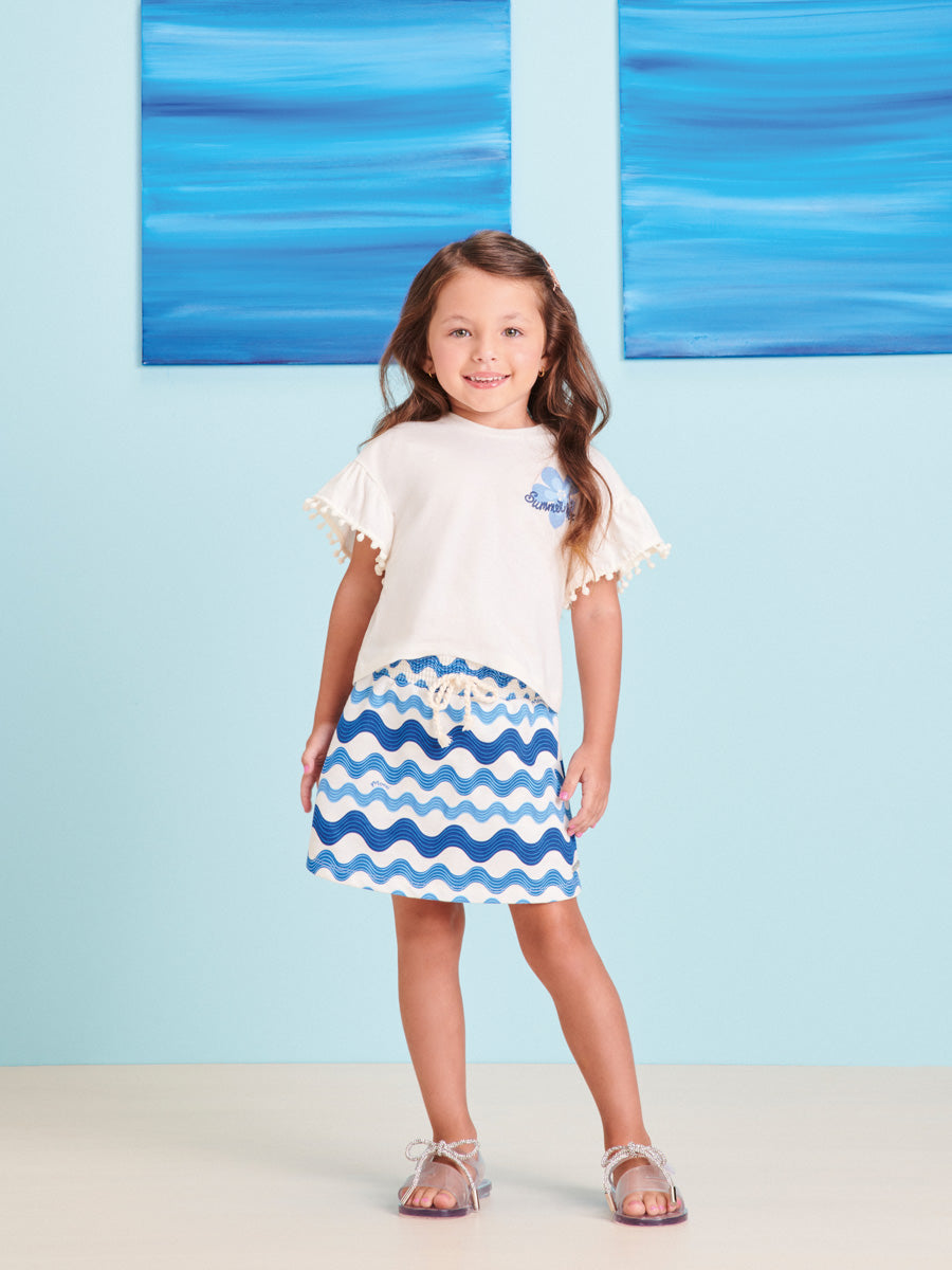 Conjunto Infantil Momi Verão Com Shorts Saia e Blusa Branca Ondas Azuis