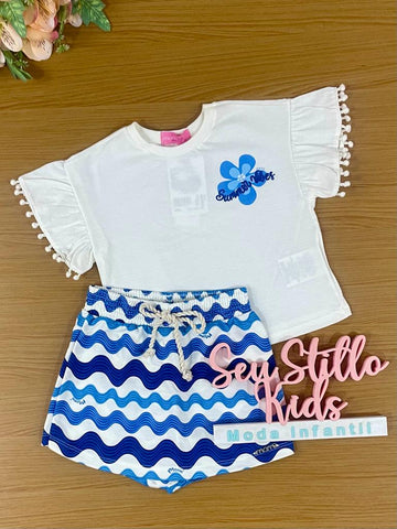 Conjunto Infantil Momi Verão Com Shorts Saia e Blusa Branca Ondas Azuis