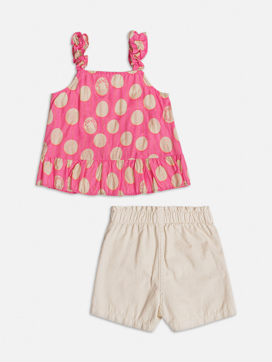 Conjunto Infantil Momi Verão Com Shorts e Bata Rosa de Bolinhas