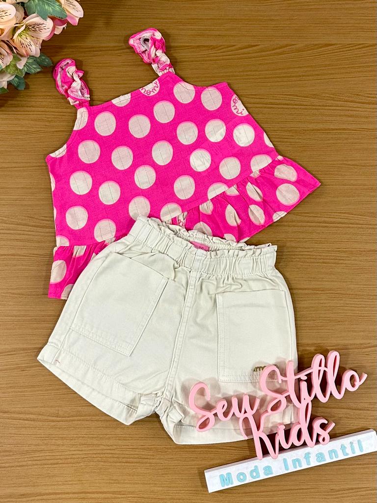 Conjunto Infantil Momi Verão Com Shorts e Bata Rosa de Bolinhas