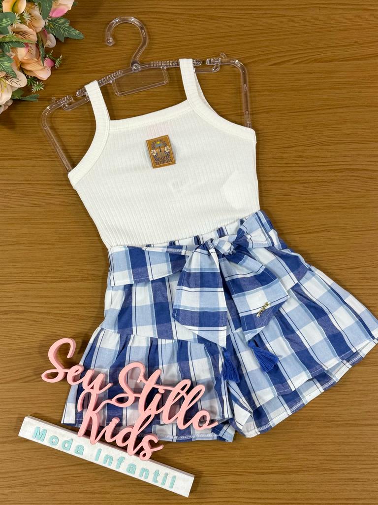 Conjunto Infantil Momi Verão Com Shorts Xadrez e Blusa Branca