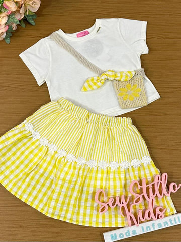 Conjunto Infantil Momi Verão Com Saia e Blusa Com Bolsinha Menina Do Campo