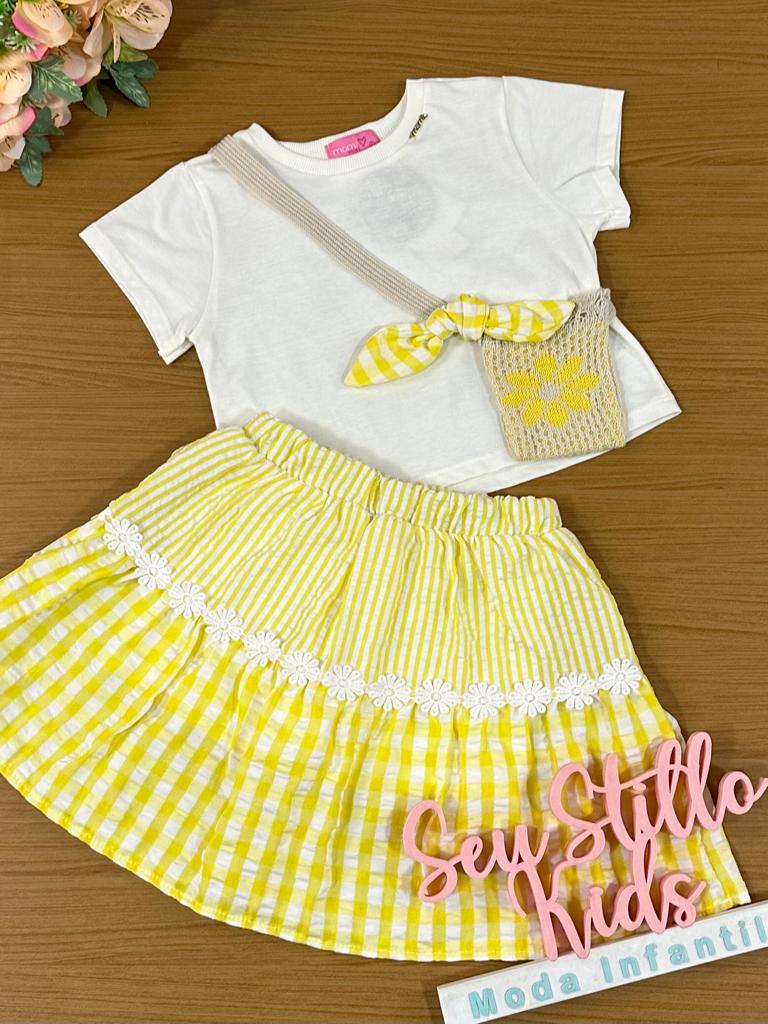 Conjunto Infantil Momi Verão Com Saia e Blusa Com Bolsinha Menina Do Campo