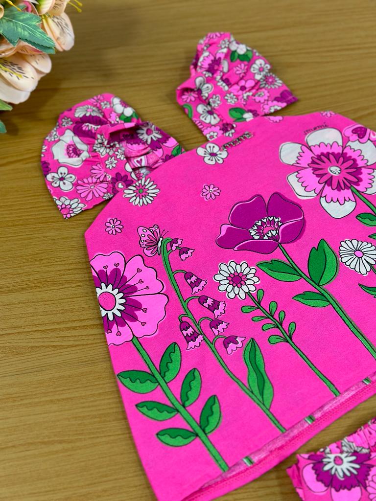 Conjunto Infantil Momi Verão Com Short e Cropped Pink Flores