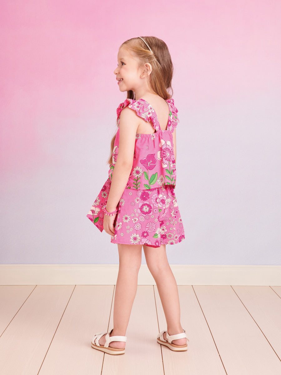 Conjunto Infantil Momi Verão Com Short e Cropped Pink Flores