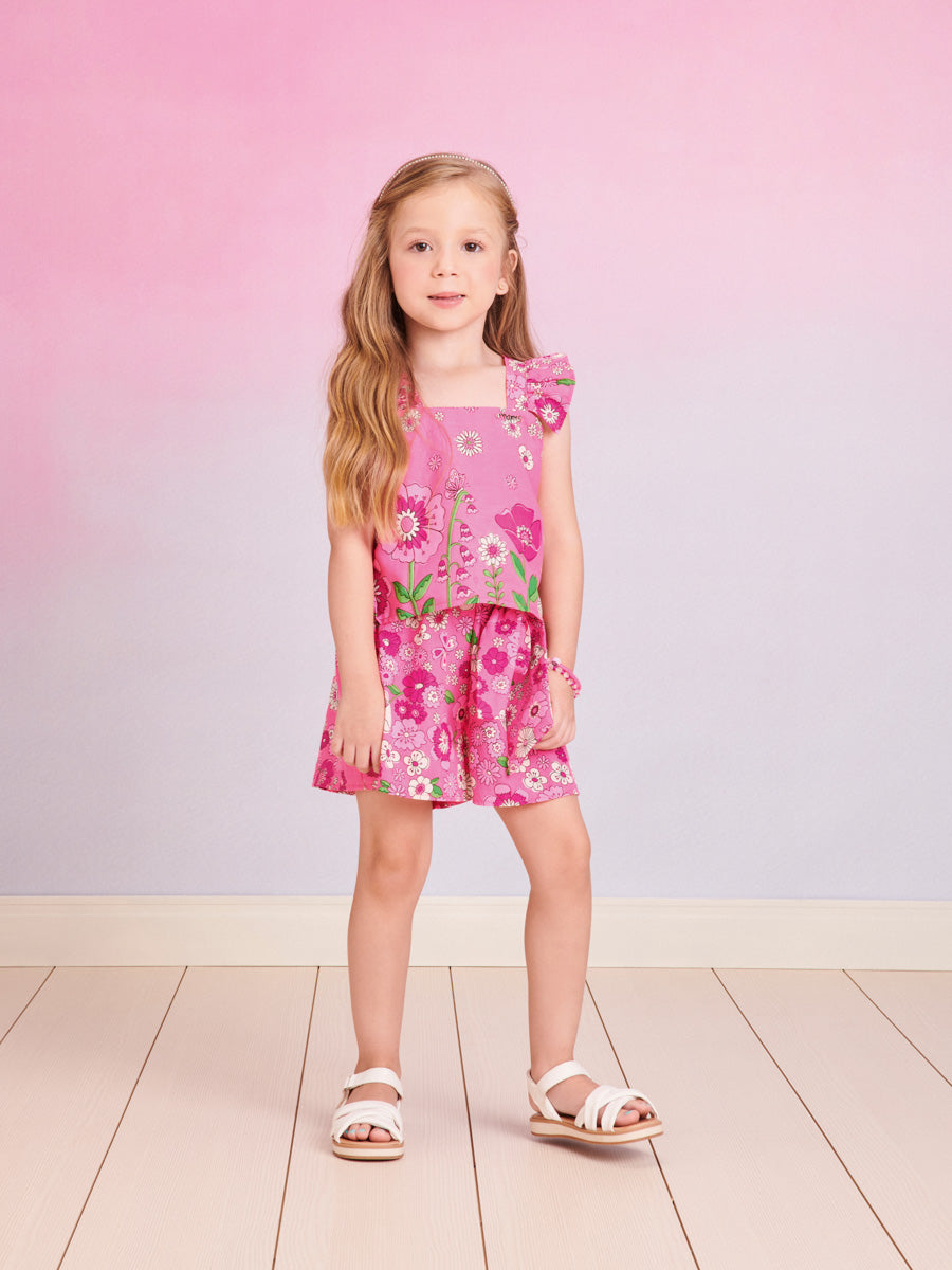Conjunto Infantil Momi Verão Com Short e Cropped Pink Flores