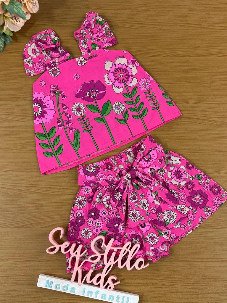 Conjunto Infantil Momi Verão Com Short e Cropped Pink Flores