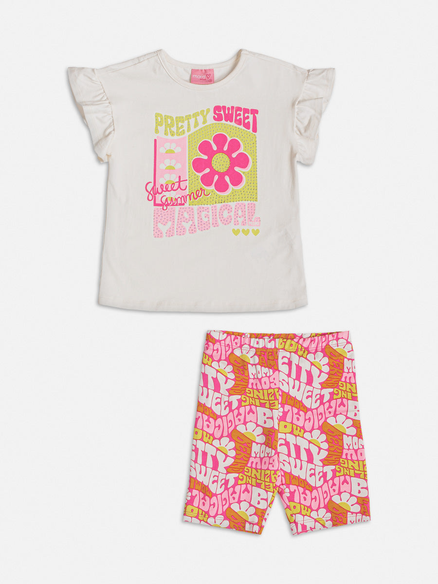 Conjunto Infantil Momi Verão Com Bermuda e Blusa Branca Flores Magicas