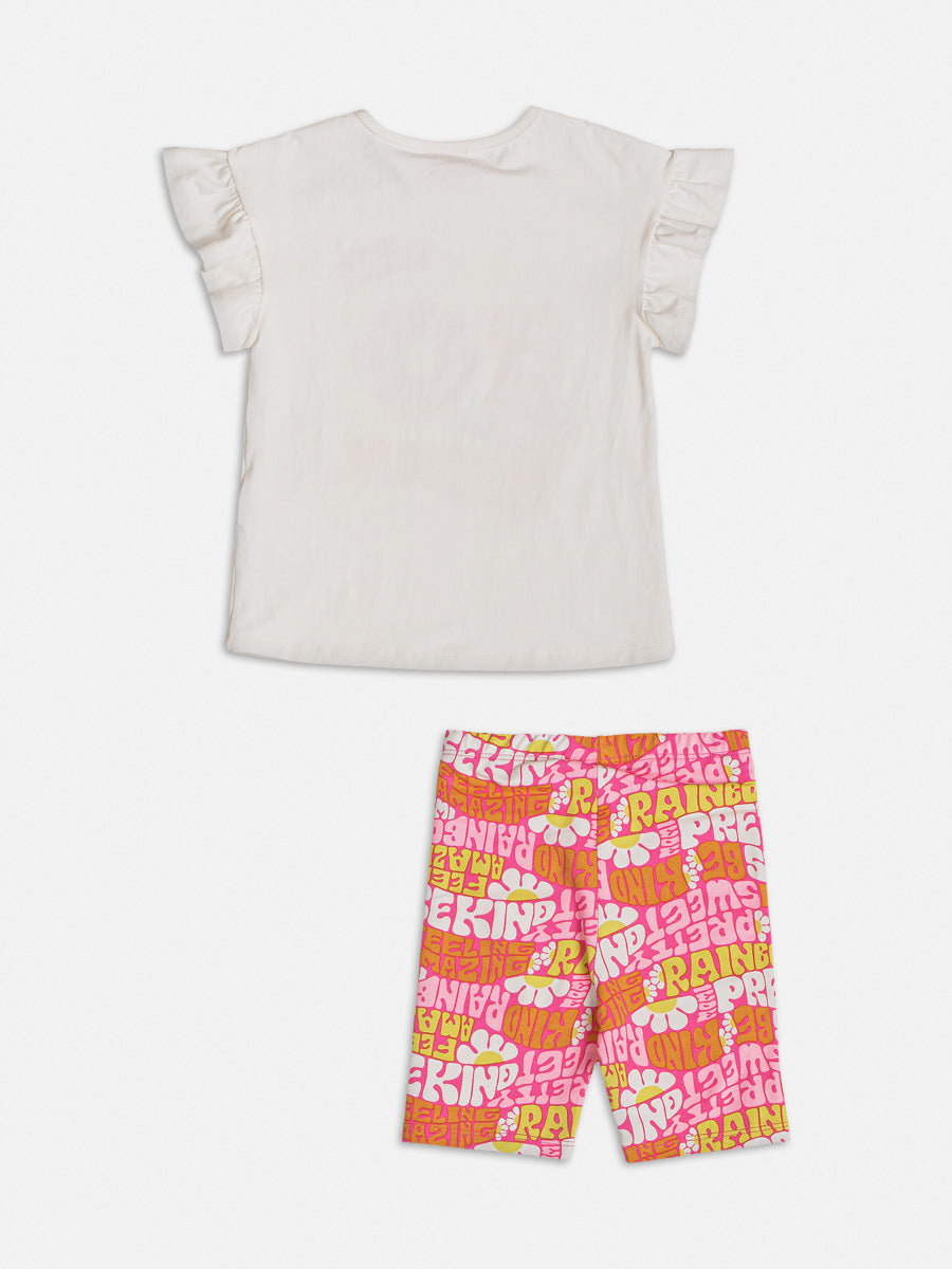 Conjunto Infantil Momi Verão Com Bermuda e Blusa Branca Flores Magicas