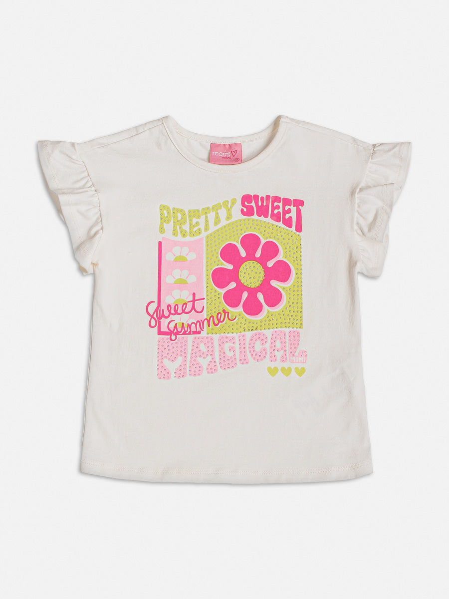 Conjunto Infantil Momi Verão Com Bermuda e Blusa Branca Flores Magicas