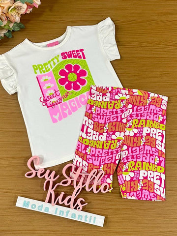 Conjunto Infantil Momi Verão Com Bermuda e Blusa Branca Flores Magicas