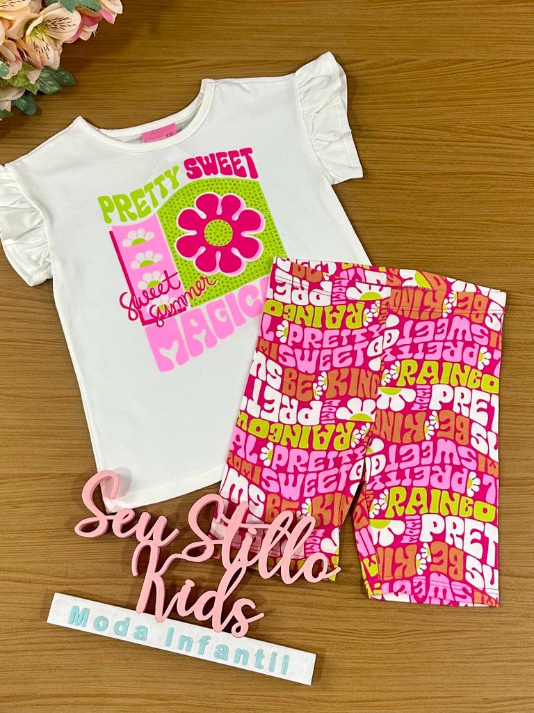 Conjunto Infantil Momi Verão Com Bermuda e Blusa Branca Flores Magicas