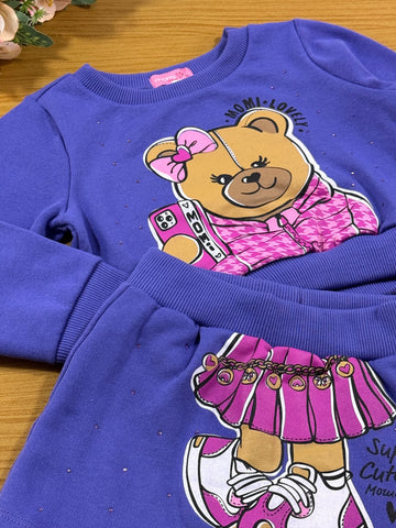 Conjunto Infantil Momi Inverno Shorts Saia Lilás e Moletom Flanelado Ursinha Cute