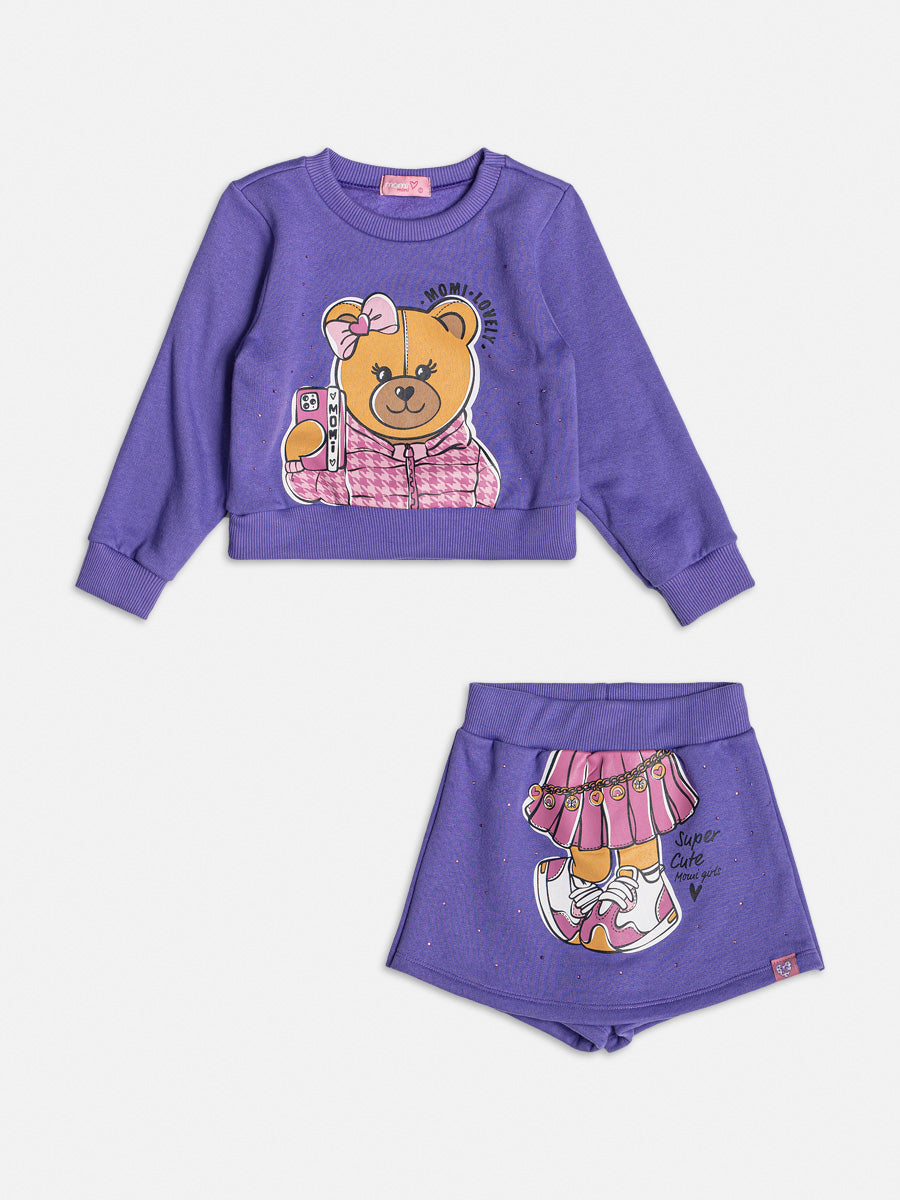 Conjunto Infantil Momi Inverno Shorts Saia Lilás e Moletom Flanelado Ursinha Cute