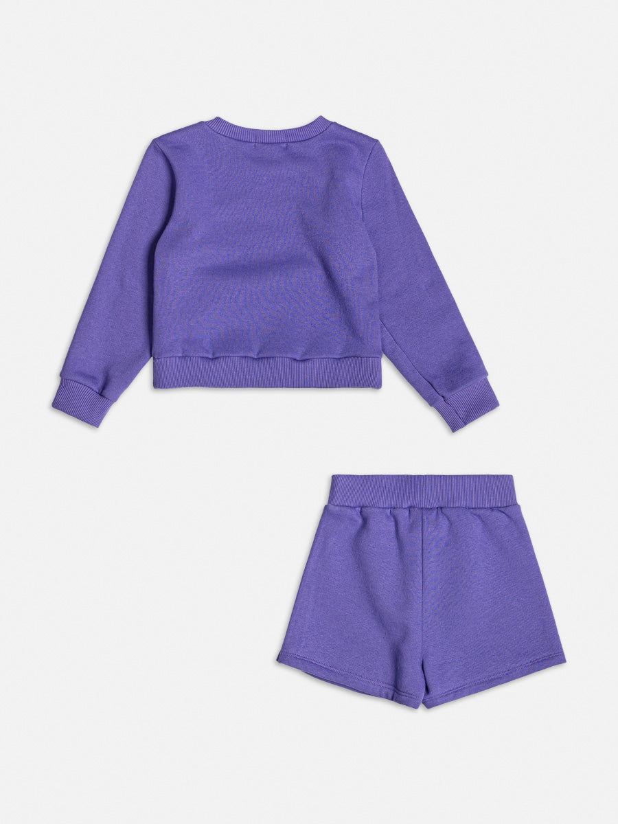 Conjunto Infantil Momi Inverno Shorts Saia Lilás e Moletom Flanelado Ursinha Cute