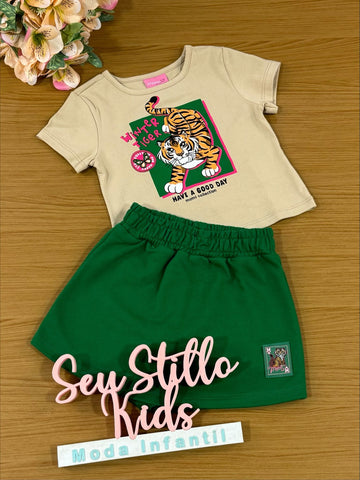 Conjunto Infantil Momi Inverno Shorts Saia e Blusa Manga Curta Tigre