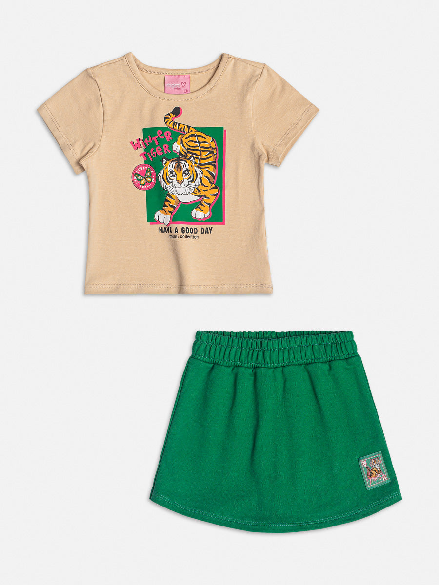 Conjunto Infantil Momi Inverno Shorts Saia e Blusa Manga Curta Tigre