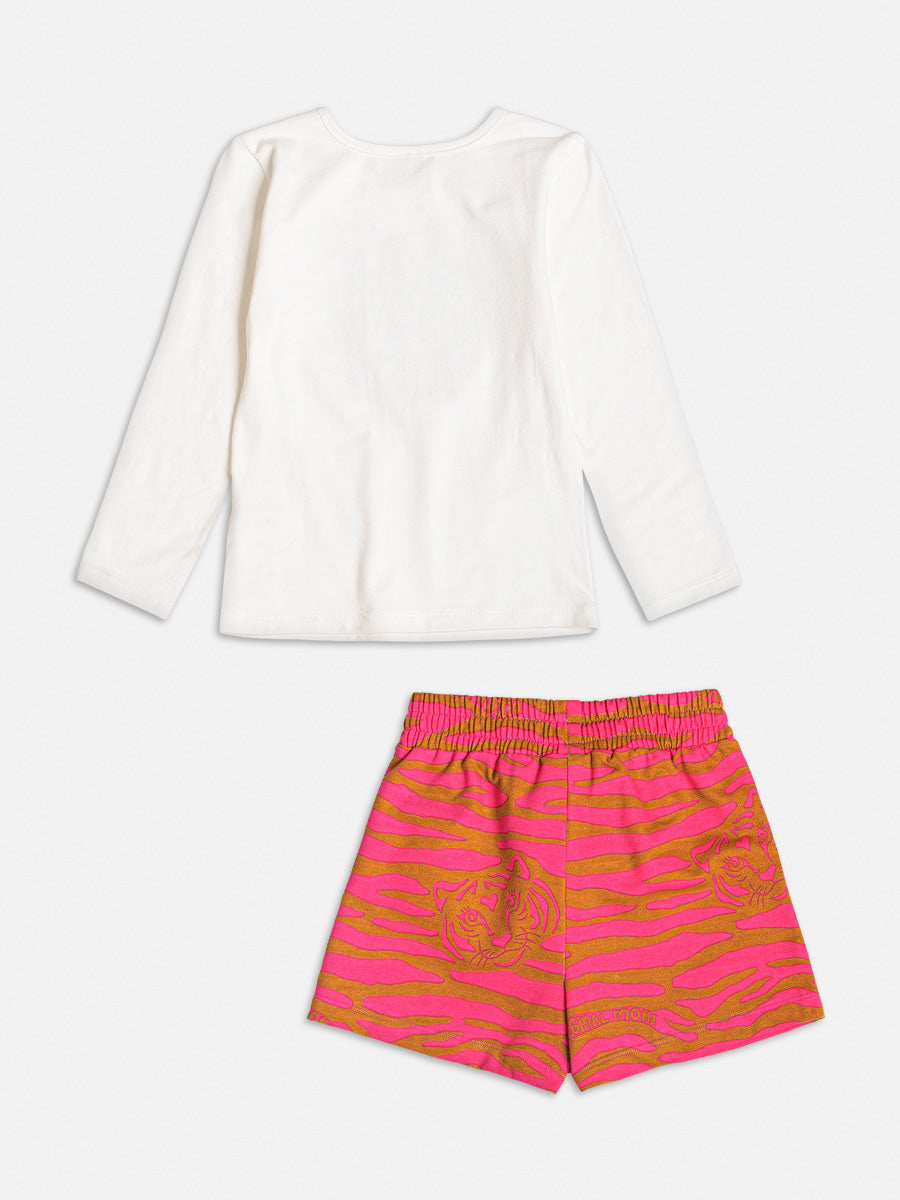 Conjunto Infantil Momi Inverno Short Saia Tigre e Blusa Manga Longa Branca