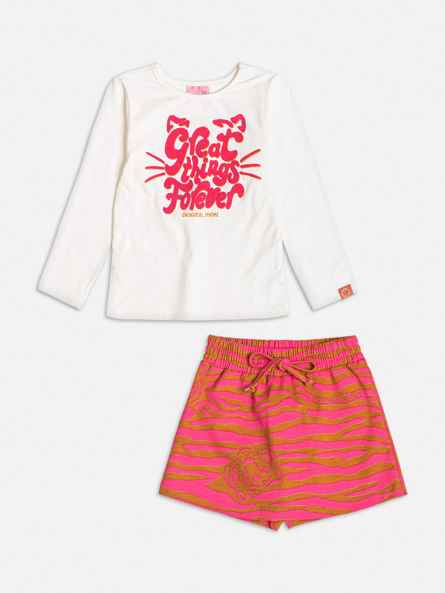 Conjunto Infantil Momi Inverno Short Saia Tigre e Blusa Manga Longa Branca