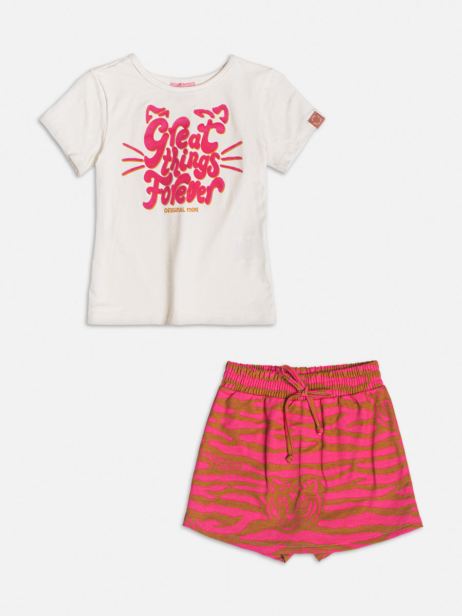 Conjunto Infantil Momi Inverno Short Saia Tigre e Blusa Manga Curta Branca