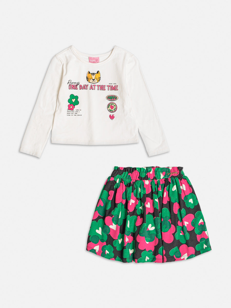 Conjunto Infantil Momi Inverno Saia Flores e Blusa Happy