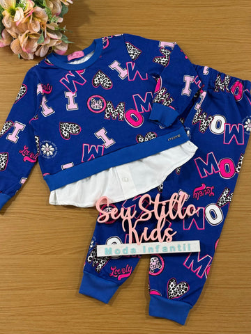 Conjunto Infantil Momi Inverno Calça Azul e Moletom Sem Flanela Letras Oncinha
