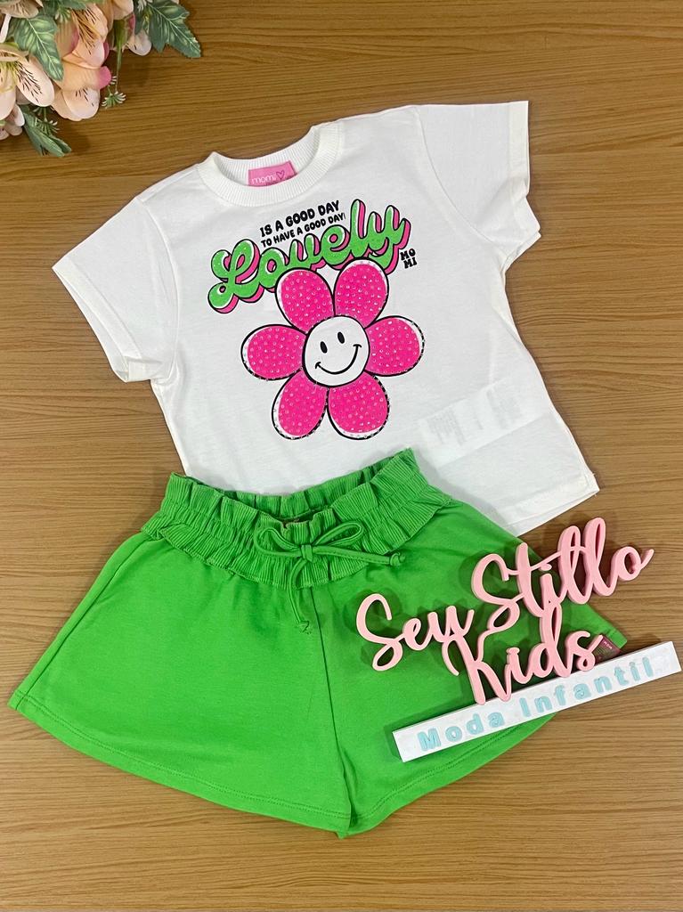 Conjunto Infantil Momi Verão Com Shorts e Blusa Branca Lovely Flor