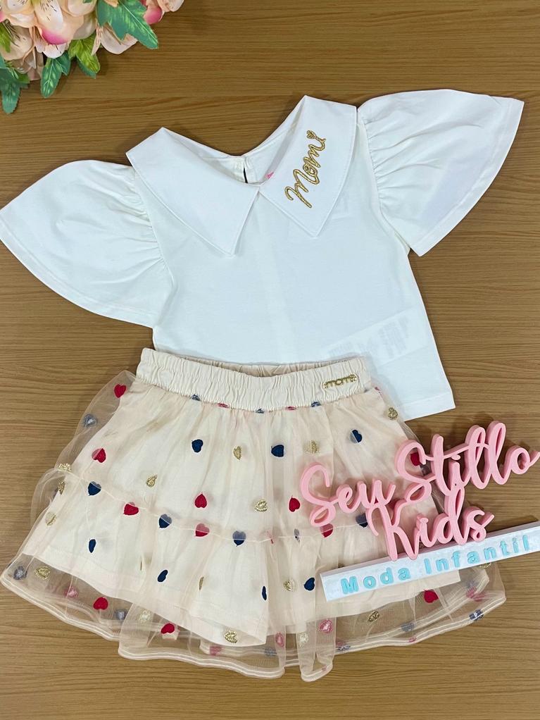 Conjunto Infantil Momi Verão Com Saia e Blusa Corações
