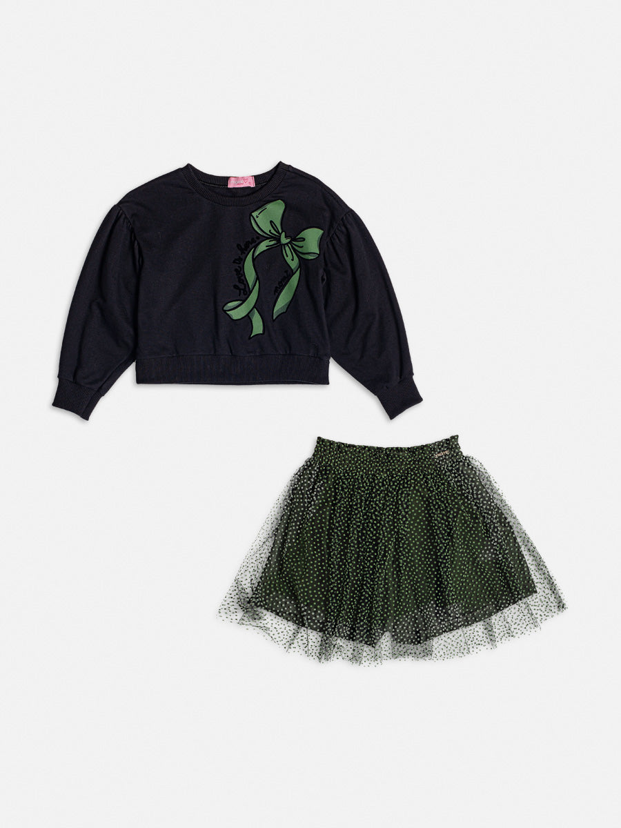 Conjunto Infantil Momi Inverno Saia e Moletom Preto Laço