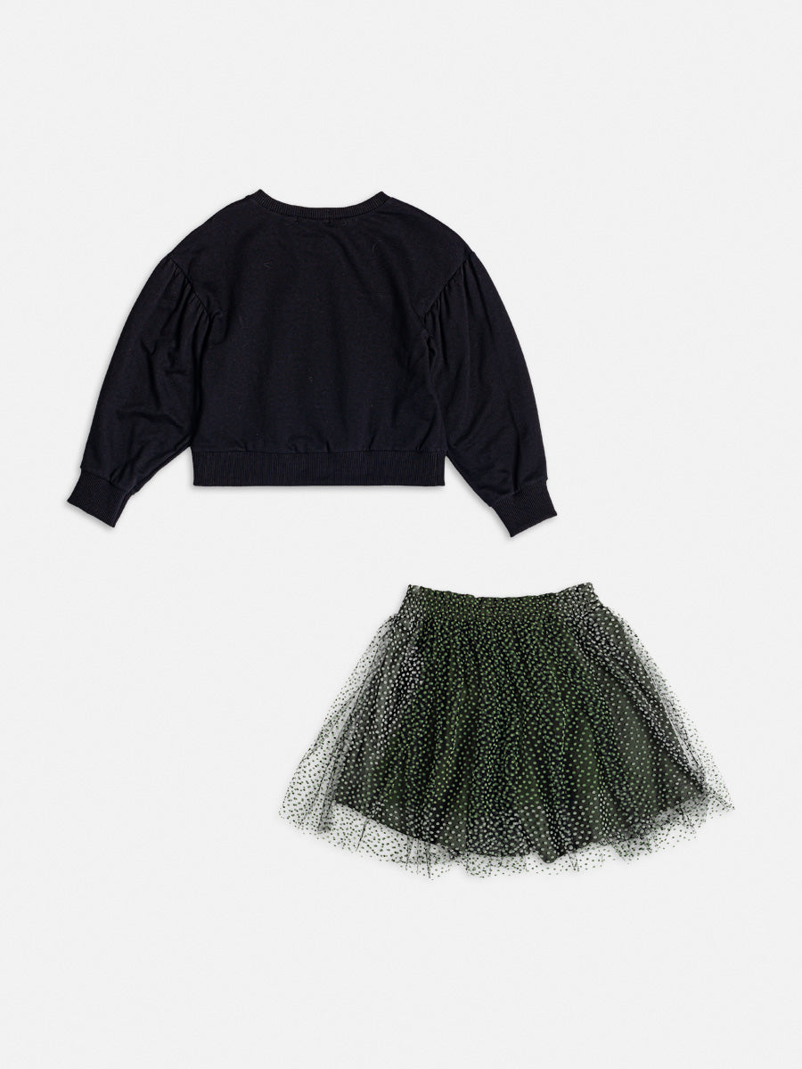 Conjunto Infantil Momi Inverno Saia e Moletom Preto Laço