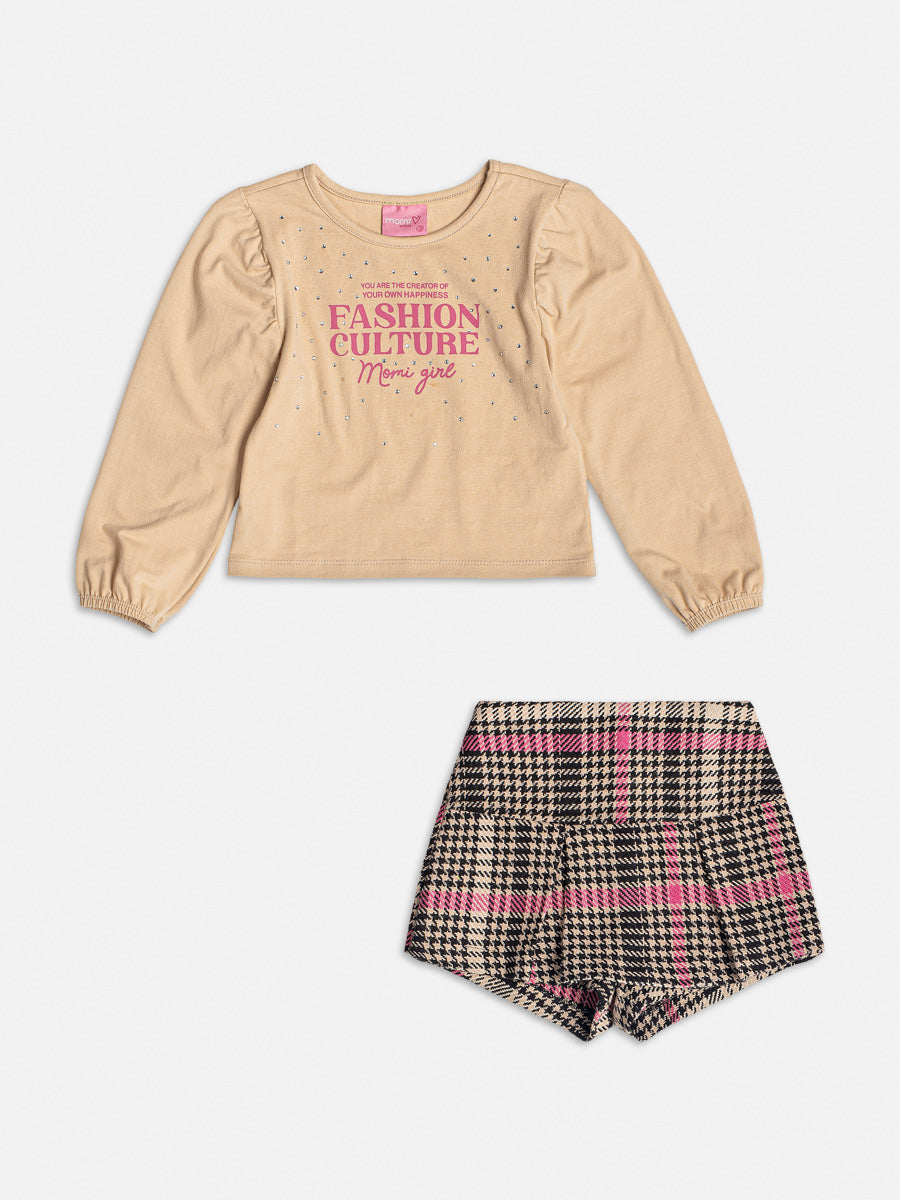 Conjunto Infantil Momi Inverno Shorts Saia e Blusa Bege Fashion