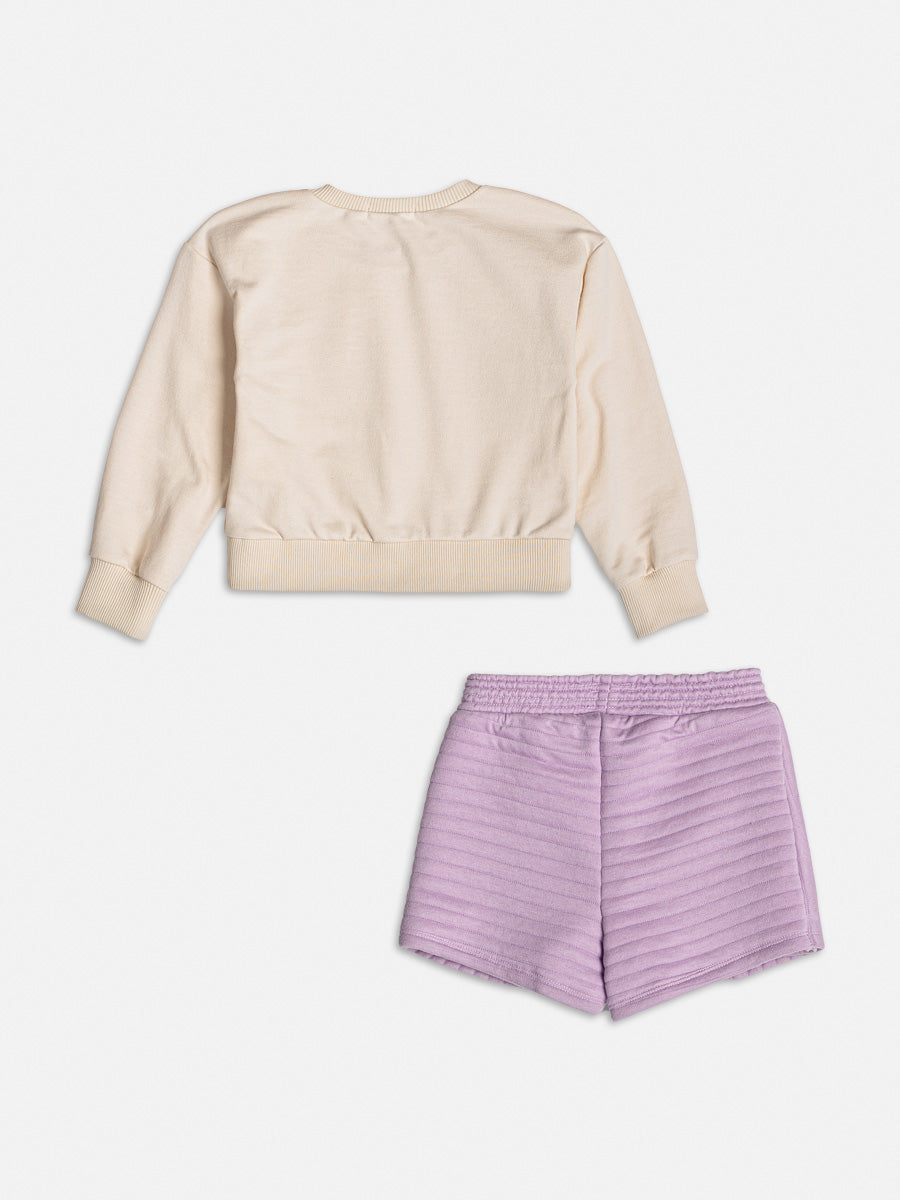 Conjunto Infantil Momi Inverno Shorts Saia Lilás e Moletom Daisy Disney
