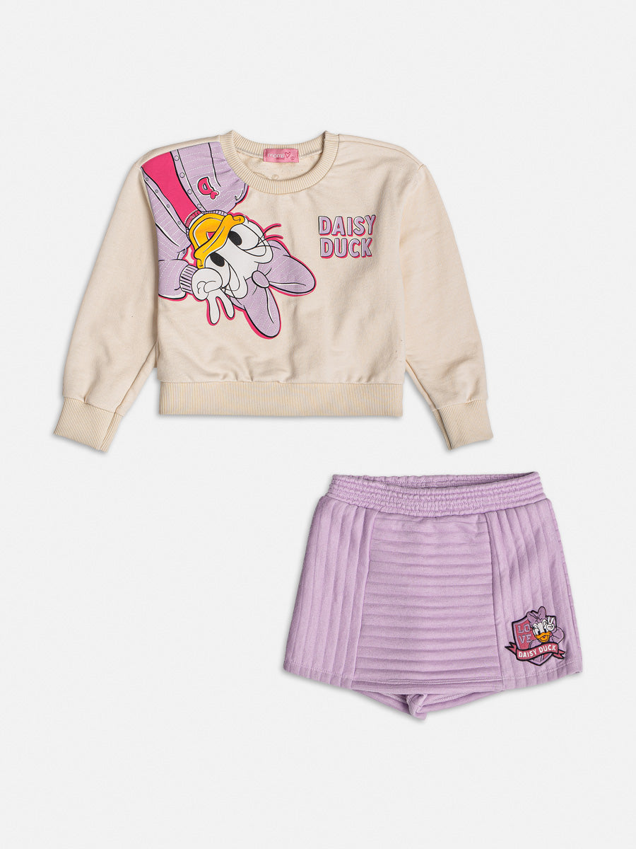 Conjunto Infantil Momi Inverno Shorts Saia Lilás e Moletom Daisy Disney