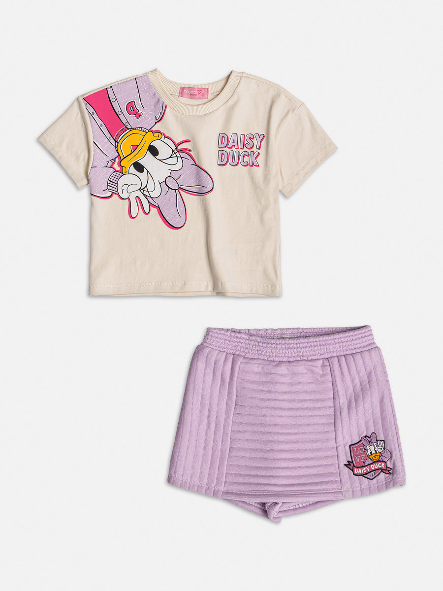 Conjunto Infantil Momi Inverno Shorts Saia Lilás e Blusa Daisy Disney